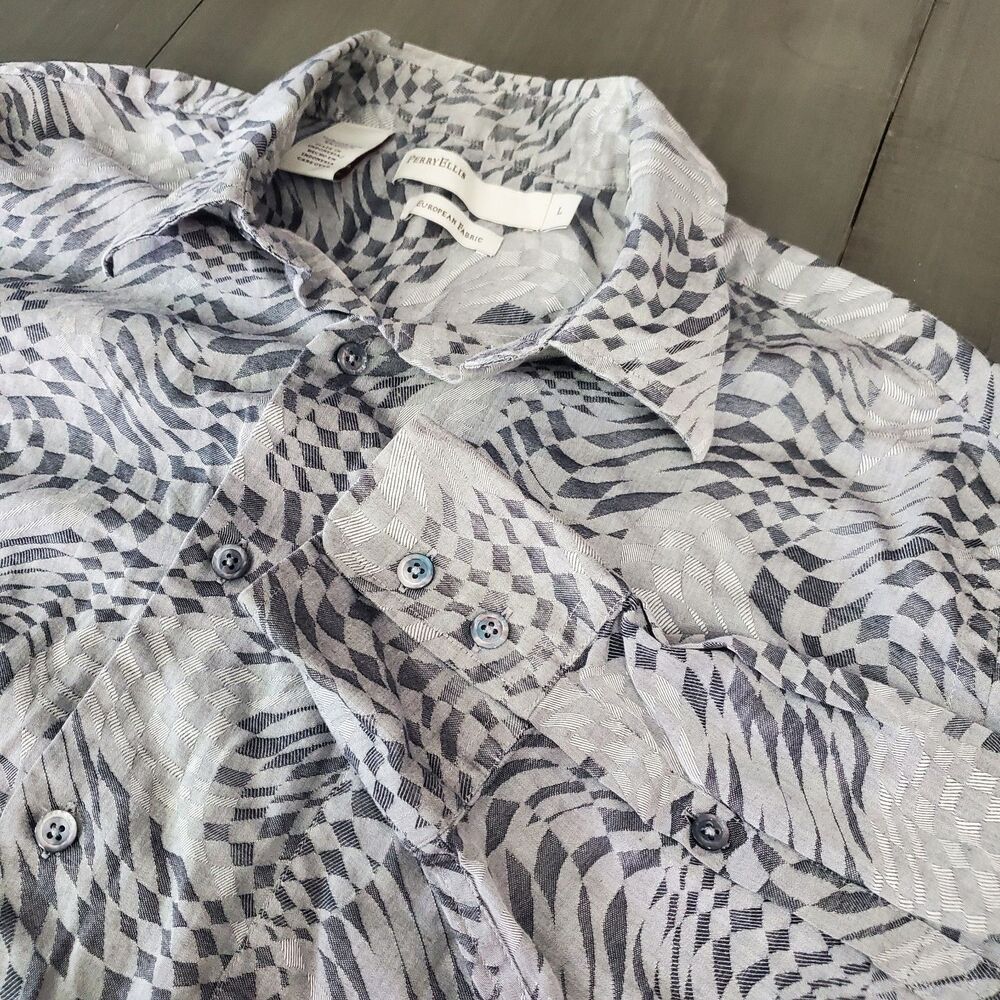 Perry Ellis European Fabric Men's Lg Shirt Gray Geometric Design 100% Cotton